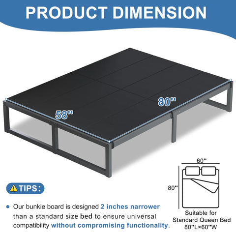 Heavy Duty Queen Bunkie Board Featuring Top Notch High Density Polymer Support With Dead Nuts Secure Straps, dimensions 58x80 inches.
