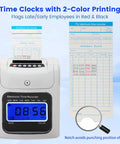 Plug And Play Crew Attendance Clock Featuring Auto Align Punch System With Fifty Standard Cards Dual Tone Inking Backlit Interface Zero Hassle Setup showing time display and printed attendance cards.