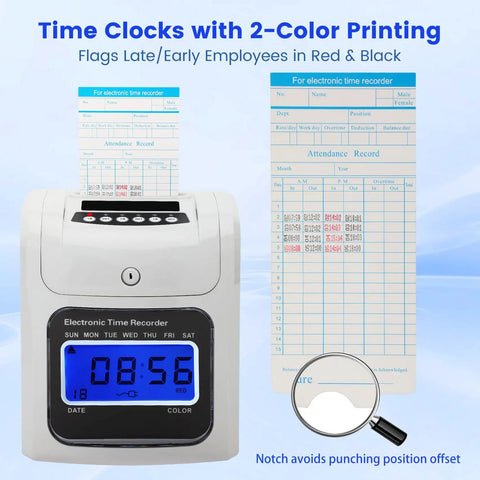 Plug And Play Crew Attendance Clock Featuring Auto Align Punch System With Fifty Standard Cards Dual Tone Inking Backlit Interface Zero Hassle Setup showing time display and printed attendance cards.