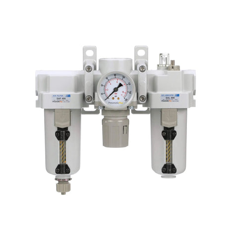 Compressed Air Filter Regulator Lubricator Combo With One-Half Inch NPT, Metal Bowl With Sight Glass, Manual Drain, Bracket And Gauge