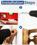Installation steps for wood fishing rod holder rack for wall or ceiling mount up to six fishing rods, including drilling and inserting screws.