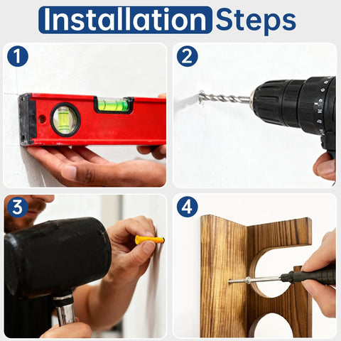 Installation steps for wood fishing rod holder rack for wall or ceiling mount up to six fishing rods, including drilling and inserting screws.