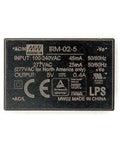 Straight Up Rock Solid 5V AC DC Power Supply 2W Single Output PCB Mount with input/output specifications on a black casing.