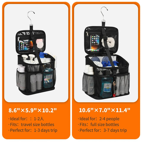 Two mesh shower caddies in different sizes with full size bottles, features of Portable Mesh Shower Caddy For Bathroom Gym Travel Camping Quick Dry Hanging Organizer Tote With Handle Roomy Enough For Full Size Bottles And Toiletries Must Have Dorm College Shower Bag For Men And Women displayed.
