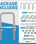 Package contents of Square U Bolts Set 2 Inch Wide M10 Stainless Steel 304 Includes Wrench Four Pack For Trailer Auto Machinery And Marine Use