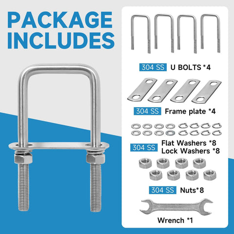 Package contents of Square U Bolts Set 2 Inch Wide M10 Stainless Steel 304 Includes Wrench Four Pack For Trailer Auto Machinery And Marine Use