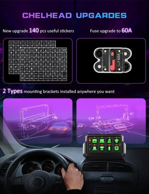 Wireless Switch Panel 12V 8 Gang With Remote Control, RGB upgrades, 140 stickers, 60A fuse, mounting brackets, off-road use