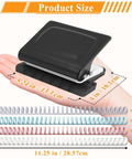 Compact 10 Hole Punch Binding Machine for Planners with 10 Color Binder Rings in hand, showcasing size and colorful rings.