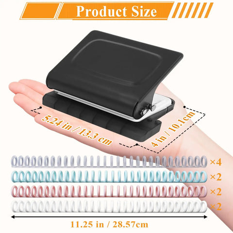 Compact 10 Hole Punch Binding Machine for Planners with 10 Color Binder Rings in hand, showcasing size and colorful rings.