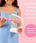 Woman holding menstrual disc applicator demo in Menstrual Disc Starter Kit With Medical Grade Silicone All Inclusive Set Includes Medium And Large Discs Applicator Lube Wash Sterilizing Carry Cup And Wipes For A No Mess Tampon Alternative Period Care