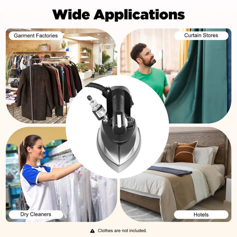 Badass Heavy Duty Industrial Gravity Feed Steam Iron Featuring 1200W Motor And Titanium Soleplate for use in garment factories and dry cleaners.