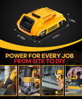 High Capacity 4 Amp Hour Replacement Battery Compatible With 20 Volt Max Cordless Drills Impact Drivers And Reciprocating Saws Two Pack shown from the top with dimensions.