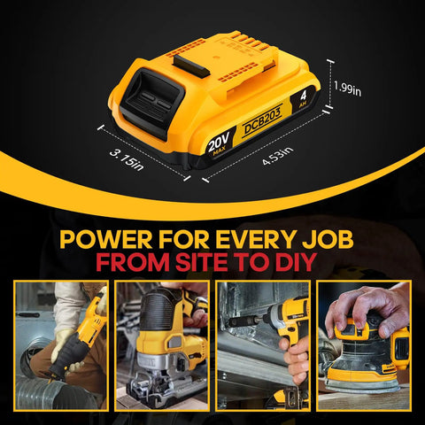 High Capacity 4 Amp Hour Replacement Battery Compatible With 20 Volt Max Cordless Drills Impact Drivers And Reciprocating Saws Two Pack shown from the top with dimensions.