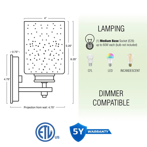 Diagram of Phoebe 8 Inch Modern Wall Sconce With Frosted Seeded Glass Cylinder Shade For A Dope Industrial Look In Oil Rubbed Bronze Finish