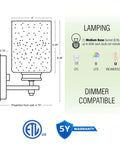 Diagram showing dimensions and features of Phoebe 8 Inch Modern Wall Sconce With Frosted Seeded Glass Cylinder Shade In Chrome Finish.