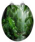 Round Tropical Rainforest Stream Dense Green Jungle Misty Toilet Seat with lush foliage and serene water backdrop.