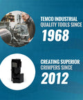 Manufacturer and crimper history: Temco Industrial since 1968, superior crimpers since 2012. Lathe and tool images in background.