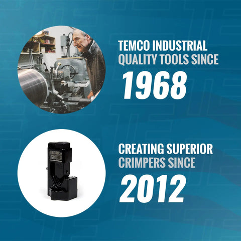 Manufacturer and crimper history: Temco Industrial since 1968, superior crimpers since 2012. Lathe and tool images in background.