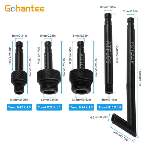 DIY Automatic Transmission Fluid Filler Kit adapters with metal dispenser showing various size measurements and threads for Audi and Benz 722.9