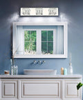Modern Chrome Vanity Light Fixture With Crystal Accents 3 Light LED Over Mirror Cool White 6000K above bathroom mirror