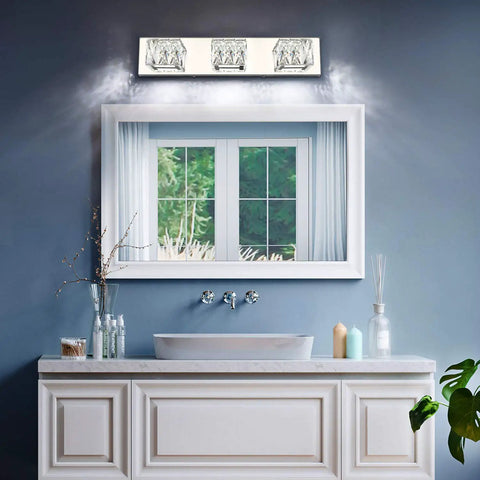 Modern Chrome Vanity Light Fixture With Crystal Accents 3 Light LED Over Mirror Cool White 6000K above bathroom mirror