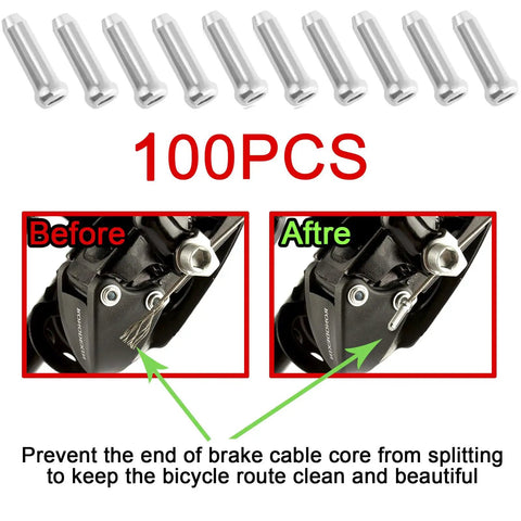 Alloy Cable End Caps 100Pcs Silver for Road and Mountain Bike cables showing before and after installation on bike brake ends.