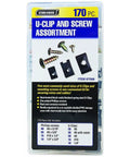 170 Piece Heavy Duty U Clip And Screw Assortment Wire Organization Kit for cable routing, showcased in a clear divided storage case.