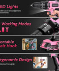 20V Cordless Drill Kit With Battery Charger And Carrying Case Three Eighth Inch Keyless Chuck Two Speed Settings 18 Plus 3 Torque 72 Piece Driver Bits Belt Hook Pink Color For Quick Pro Grade Projects showing LED lights and ergonomic design