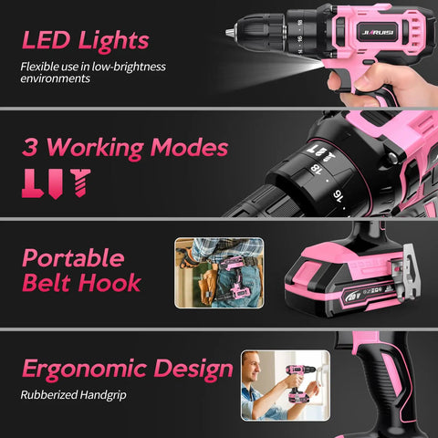 20V Cordless Drill Kit With Battery Charger And Carrying Case Three Eighth Inch Keyless Chuck Two Speed Settings 18 Plus 3 Torque 72 Piece Driver Bits Belt Hook Pink Color For Quick Pro Grade Projects showing LED lights and ergonomic design