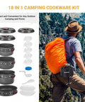 18 piece All Purpose Camping Cookware Mess Kit with nonstick hard-anodized aluminum pots and pans for outdoor adventures.