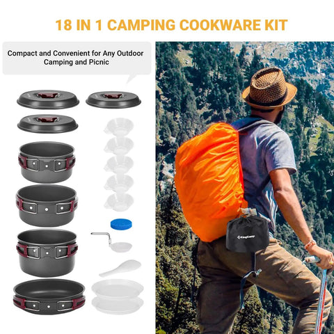 18 piece All Purpose Camping Cookware Mess Kit with nonstick hard-anodized aluminum pots and pans for outdoor adventures.