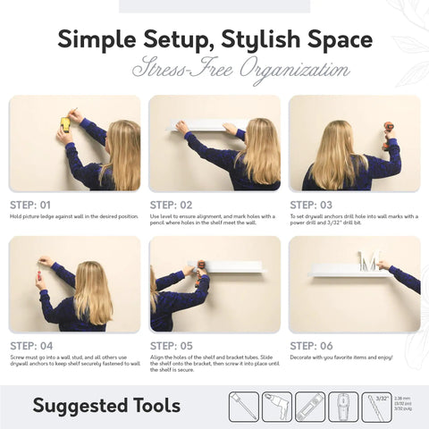 Step-by-step installation of White Floating Wall Shelf With Picture Ledge Easy To Install No Fuss To Remove Modern MDF Shelves