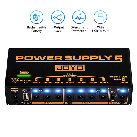 Built In 4400mAh Battery Gig Ready Pedalboard Power Supply With Eight 9V 12V 18V Outputs And 5V 1A USB Port, LED indicators