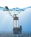 Heavy Duty Submersible Sump Pump With Rustproof Stainless Steel Housing And Efficient 0.55kw Pure Copper Motor submerged in water.