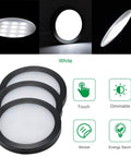 Under Cabinet LED Puck Lighting Kit With Black Cover And Touch Dimmer Switch showing features and lighted pucks.
