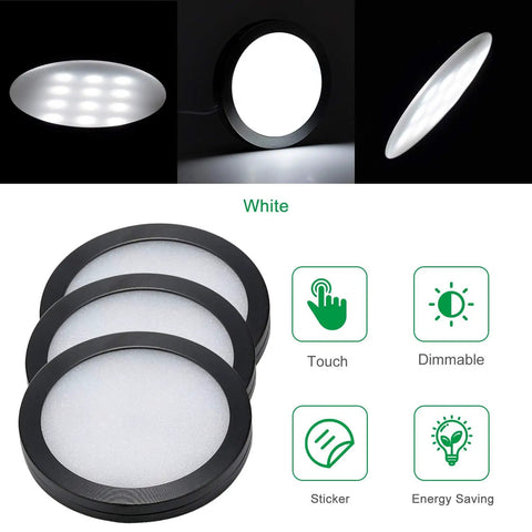 Under Cabinet LED Puck Lighting Kit With Black Cover And Touch Dimmer Switch showing features and lighted pucks.