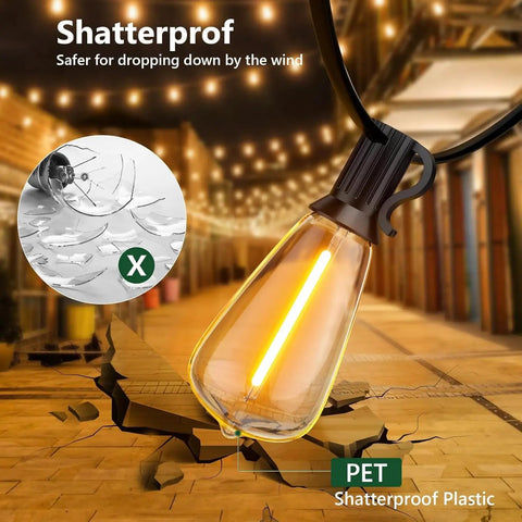 100Ft Outdoor String Lights Waterproof Patio Lighting With Clear Shatterproof ST38 Vintage Edison Bulbs shown in shatterproof detail