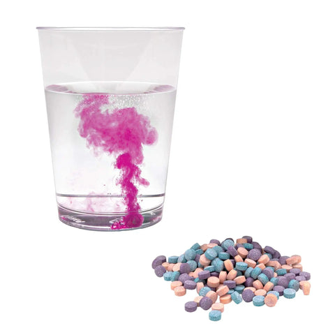 True Color Fizzers Tub Tint Tablets Pack for Water Coloring with fizzing tablet in glass, pink color dispersion visible