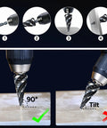 Instruction for using Five Piece Four Spiral Flute Step Drill Bit Set 1/8 To 1-3/8 Inch High Speed Steel Unibit with proper angles.