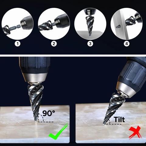 Instruction for using Five Piece Four Spiral Flute Step Drill Bit Set 1/8 To 1-3/8 Inch High Speed Steel Unibit with proper angles.
