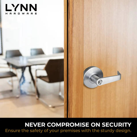 Privacy Bathroom Door Lock Lever Handle Set For Commercial Use Built Tough, ADA Compliant Satin Chrome Finish installed on door