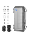 Outdoor IP67 Waterproof Junction Box With Mounting Plate And Clear Hinged Cover Built Tough For DIY Projects Rugged Weatherproof ABS Enclosure 7.9 By 3.9 By 2.8 Inches 200x100x70mm Wall Brackets with screws and cable glands