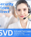 Customer support representative wearing a headset with text 'Security Video Direct' and 'U.S Local Tech Support' on screen.