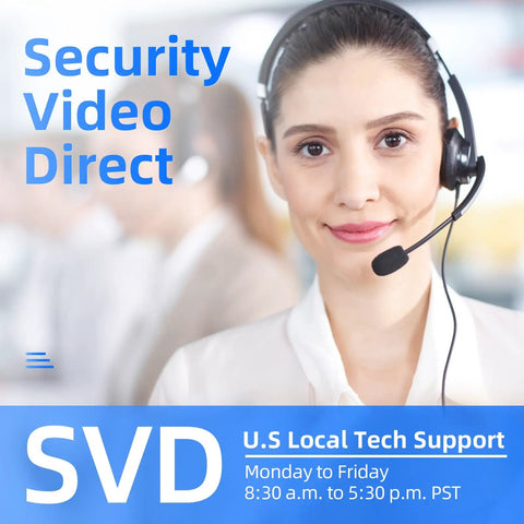 Customer support representative wearing a headset with text 'Security Video Direct' and 'U.S Local Tech Support' on screen.