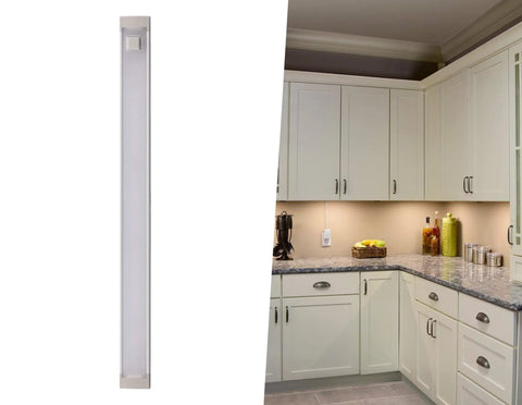 Ultra Slim Under Cabinet LED Lights With Hands Free Motion Sensor, Dimmable To Ten Levels, installed in a modern kitchen.