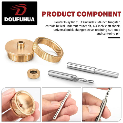 Solid Brass Router Inlay Kit 71333 with downcut carbide spiral bit, 1/4 inch router bit, bushing, and centering pin components.