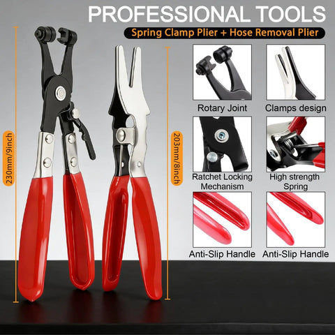 Two hose clamp pliers with red handles, part of 352 Piece Spring Band Hose Clamps Kit 6 To 25mm With 2 Hose Clamp Pliers.