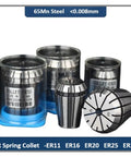 Heavy Duty Spring Collet Chuck Kit For CNC Lathe And Milling Machine featuring High Precision Engraving Spindle Tool Holders With Ultra Low Runout Tolerance For Durable Drilling And Cutting Jobs That Actually Last, showing ER spring collets in various sizes.
