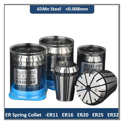 Heavy Duty Spring Collet Chuck Kit For CNC Lathe And Milling Machine featuring High Precision Engraving Spindle Tool Holders With Ultra Low Runout Tolerance For Durable Drilling And Cutting Jobs That Actually Last, showing ER spring collets in various sizes.