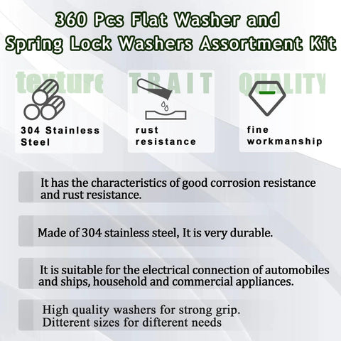 Front view of Ruibapa 360-piece flat and spring lock washers assortment kit; 304 stainless steel, 7 SAE sizes.